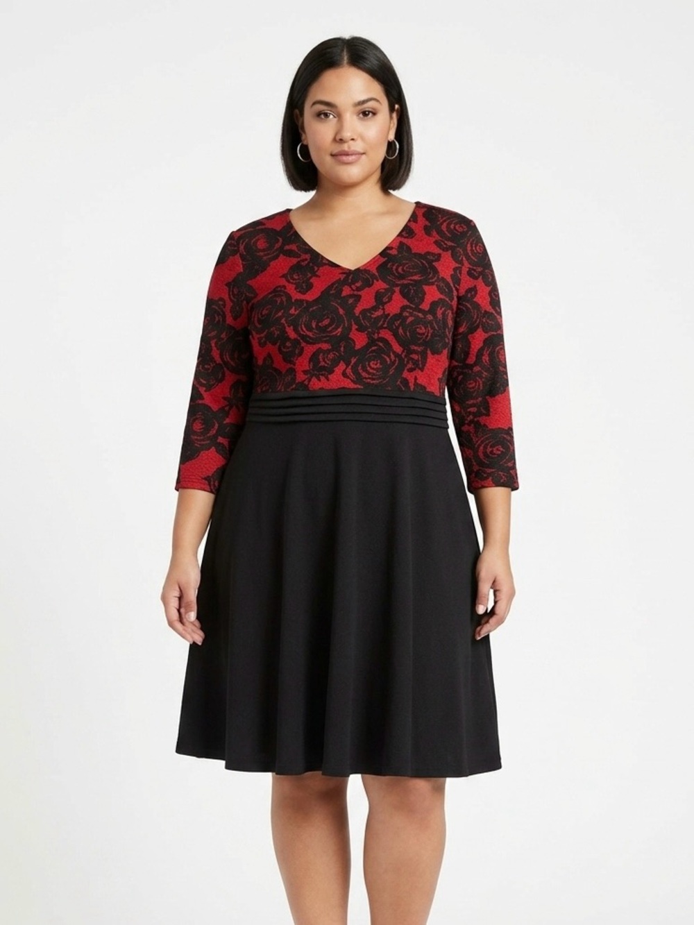 Homeyee, Red and Black Floral V-Neck Fit & Flare Dress - XXL